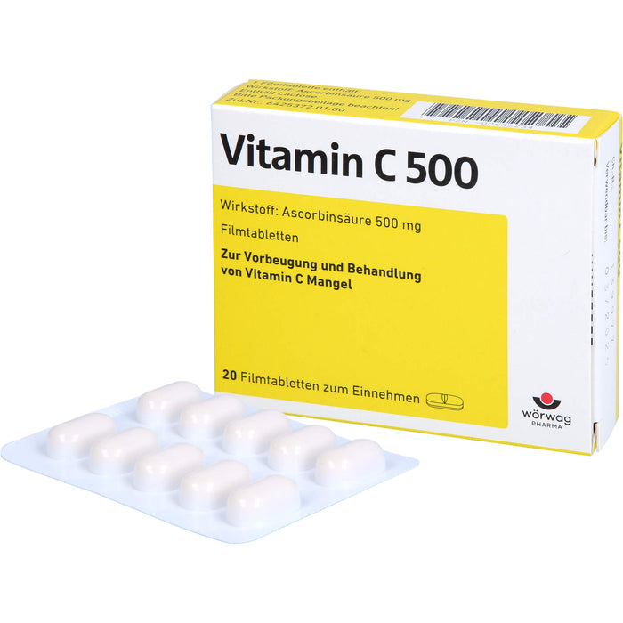 Wörwag Vitamin C 500 Filmtabletten bei Vitamin C Mangel, 20 St. Tabletten