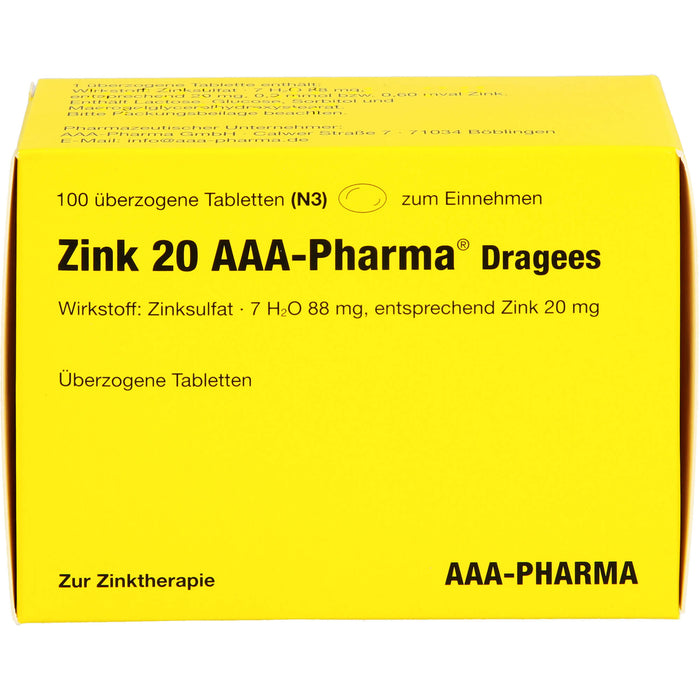 Zink 20 AAA-Pharma Dragees zur Zinktherapie, 100 pcs. Tablets