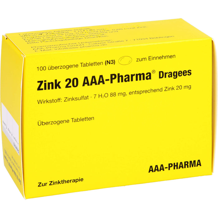 Zink 20 AAA-Pharma Dragees zur Zinktherapie, 100 pcs. Tablets