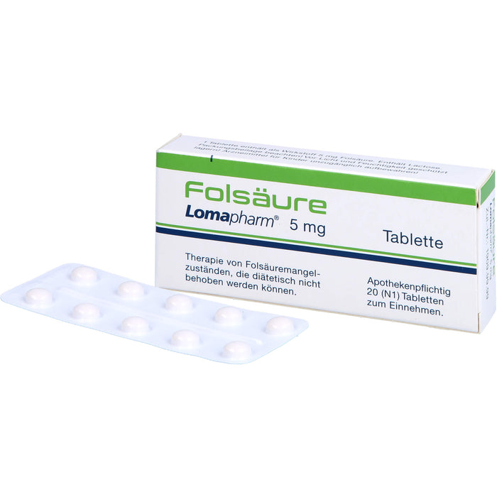 Folsäure Lomapharm 5 mg Tabletten bei gesteigertem Folsäurebedarf, 20 pcs. Tablets