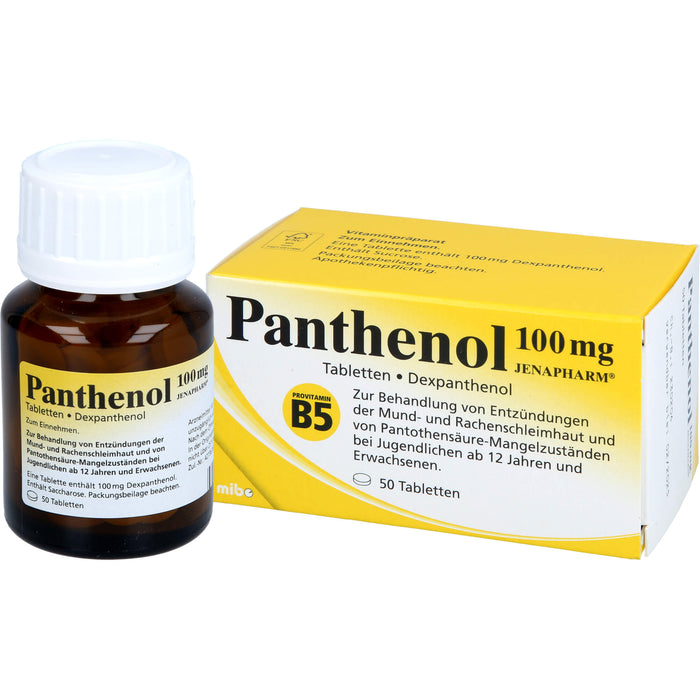 Panthenol 100 mg JENAPHARM Tabletten zur Behandlung von Entzündungen der Mund- und Rachenschleimhaut und von Pantothensäure-Mangelzuständen, 50 pc Tablettes