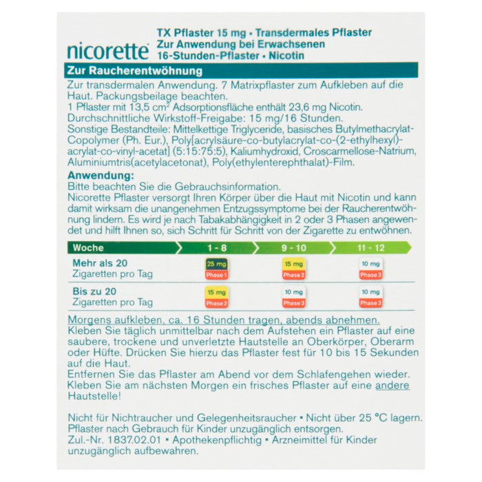 nicorette TX Pflaster 15 mg zur Raucherentwöhnung, 7 pc Pansement