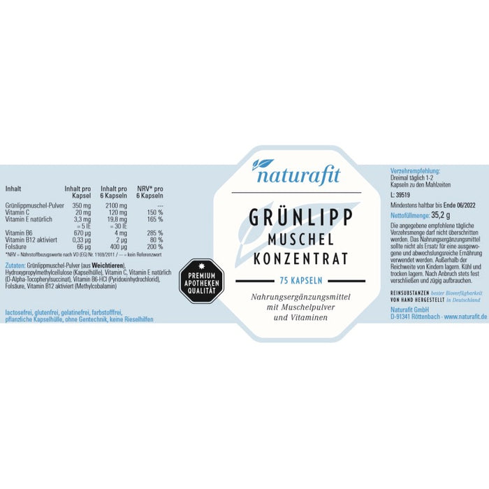 naturafit Grünlipp Muschel Konzentrat Kapseln, 75 pc Capsules