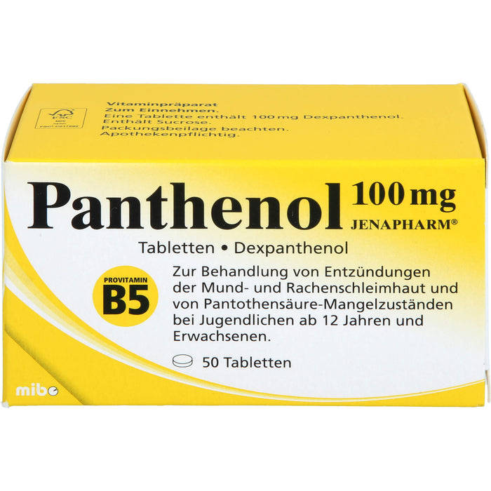 Panthenol 100 mg JENAPHARM Tabletten zur Behandlung von Entzündungen der Mund- und Rachenschleimhaut und von Pantothensäure-Mangelzuständen, 50 pc Tablettes