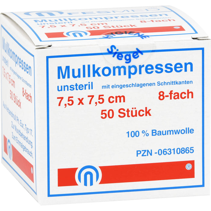 MULLKOMPRESSEN UNSTERIL 7,5X7,5 ES 8F, 50 St KOM