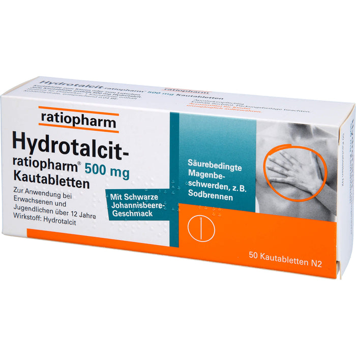 Hydrotalcit-ratiopharm 500 mg Kautabletten bei säurebedingte Magenbeschwerden wie Sodbrennen, 50 pc Tablettes