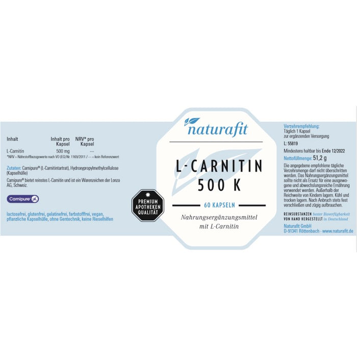 naturafit L-Carnitin 500 K Kapseln, 60 pc Capsules