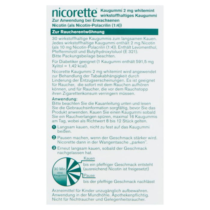 Nicorette whitemint 2 mg Kaugummi, 30 pcs. Chewing gum