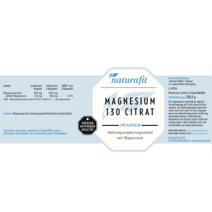 naturafit Magnesium 130 Citrat Kapseln, 240 pcs. Capsules