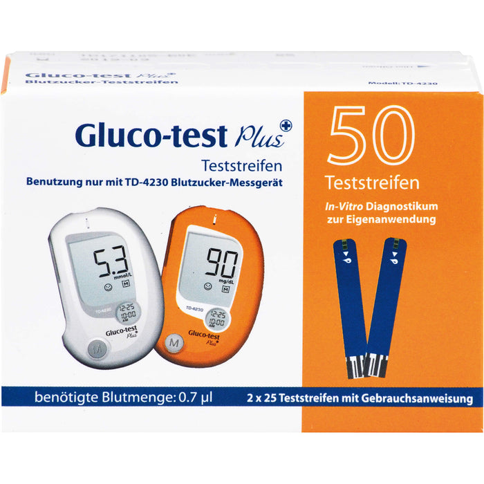 Gluco-test Plus Blutzuckerteststreifen für Blutzuckermessgerät TD-4230, 50 pc Bandelettes réactives