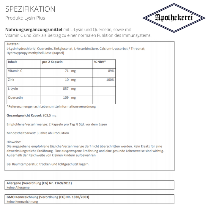 Apothekerei Lysin Plus mit Quercetin, Vitamin C und Zink, 30 St. Kapseln