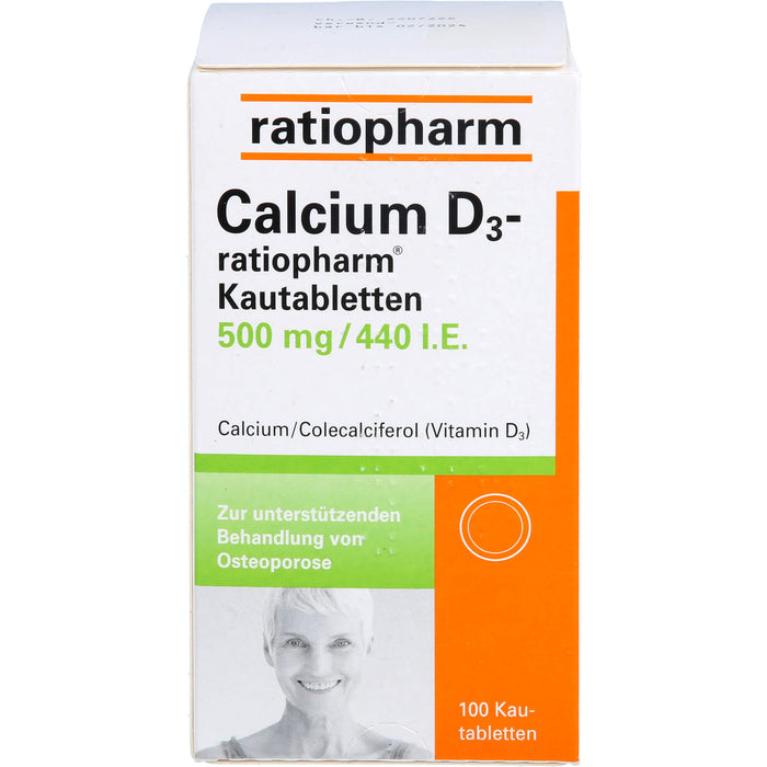 Calcium D3-ratiopharm Kautabletten 500 mg/440 I.E. zur unterstützenden Behandlung von Osteoporose, 100 pcs. Tablets