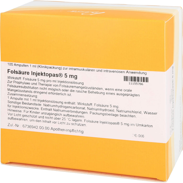 Pascoe Folsäure Injektopas 5 mg Injektionslösung bei Folsäuremangelzuständen, 100 pc Ampoules