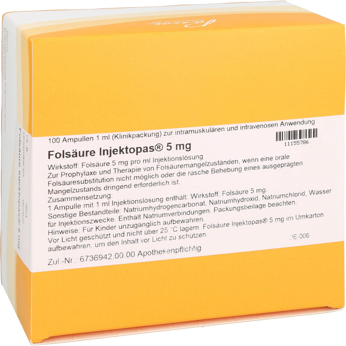 Pascoe Folsäure Injektopas 5 mg Injektionslösung bei Folsäuremangelzuständen, 100 St. Ampullen