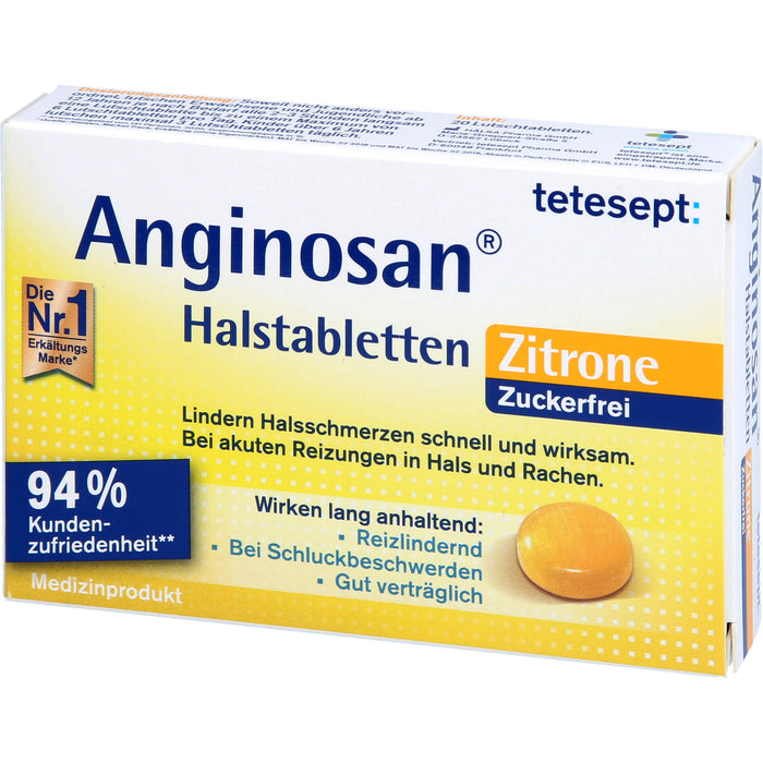 tetesept Anginosan Halstabletten Zitrone zuckerfrei lindern Halsschmerzen bei akuten Reizungen in Hals und Rachen, 20 pcs. Tablets