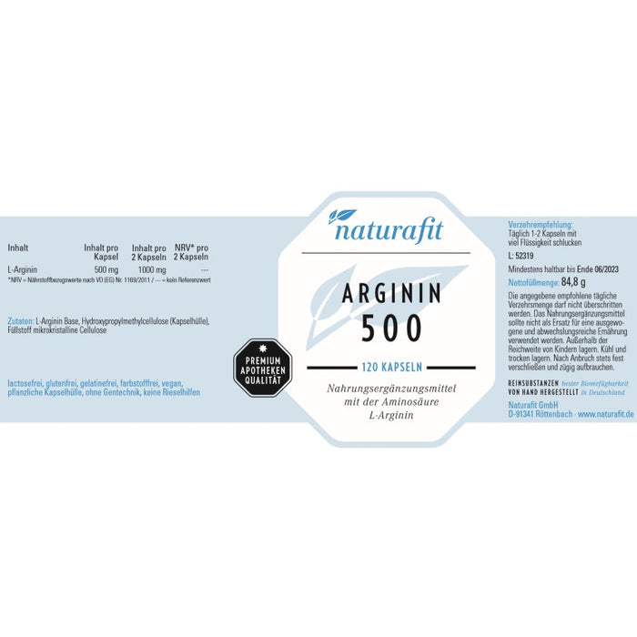 naturafit Arginin 500 Kapseln, 120 pc Capsules