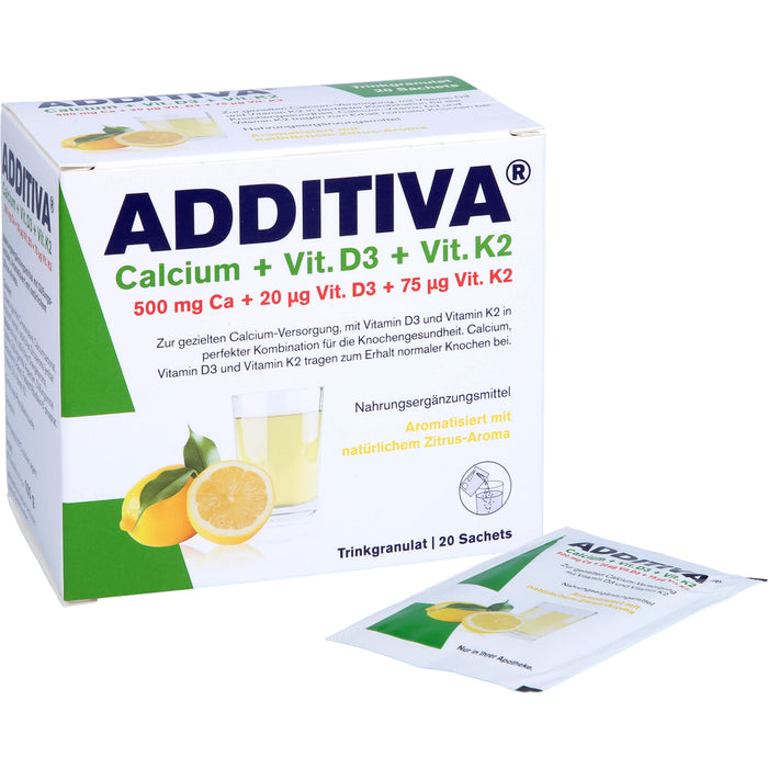 ADDITIVA Calcium + D3 + K2 Trinkgranulat Zitrus-Aroma, 20 pcs. Sachets