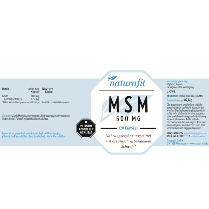 naturafit MSM 500 mg Kapseln, 120 pc Capsules