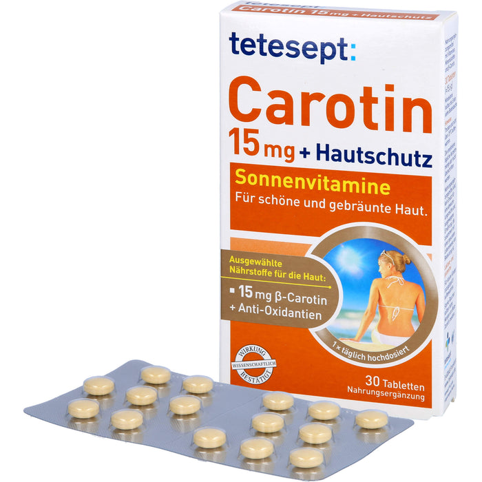 tetesept Carotin 15 mg + Hautschutz Sonnenvitamine für schöne und gebräunte Haut, 30 St. Tabletten