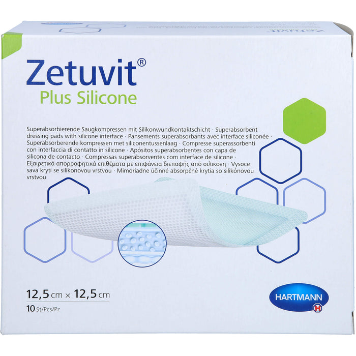 Zetuvit Plus Silicone steril 12,5 cm x 12,5 cm superabsorbierende Saugkompressen mit Silikonwundkontaktschicht, 10 pcs. Compresses