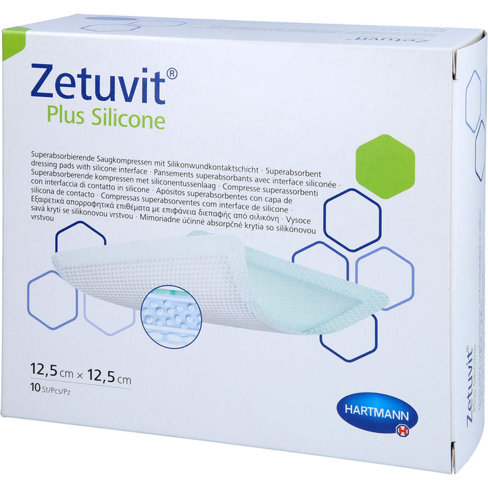 Zetuvit Plus Silicone steril 12,5 cm x 12,5 cm superabsorbierende Saugkompressen mit Silikonwundkontaktschicht, 10 pcs. Compresses