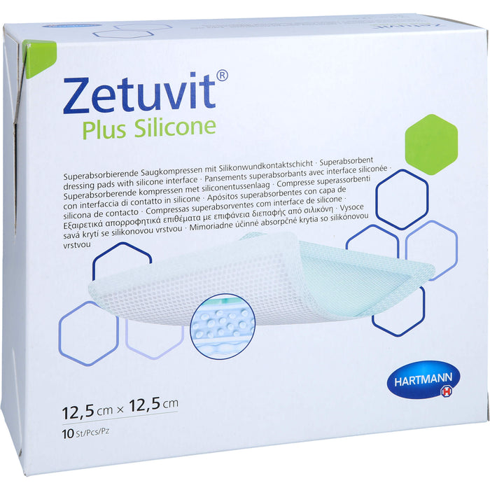 Zetuvit Plus Silicone steril 12,5 cm x 12,5 cm superabsorbierende Saugkompressen mit Silikonwundkontaktschicht, 10 pcs. Compresses