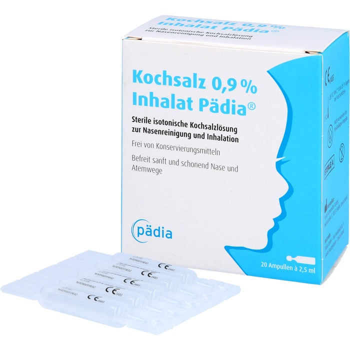 Kochsalz 0,9 % Inhalat Pädia sterile isotonische Kochsalzlösung zur Nasenreinigung und Inhalation, 20 pcs. Ampoules