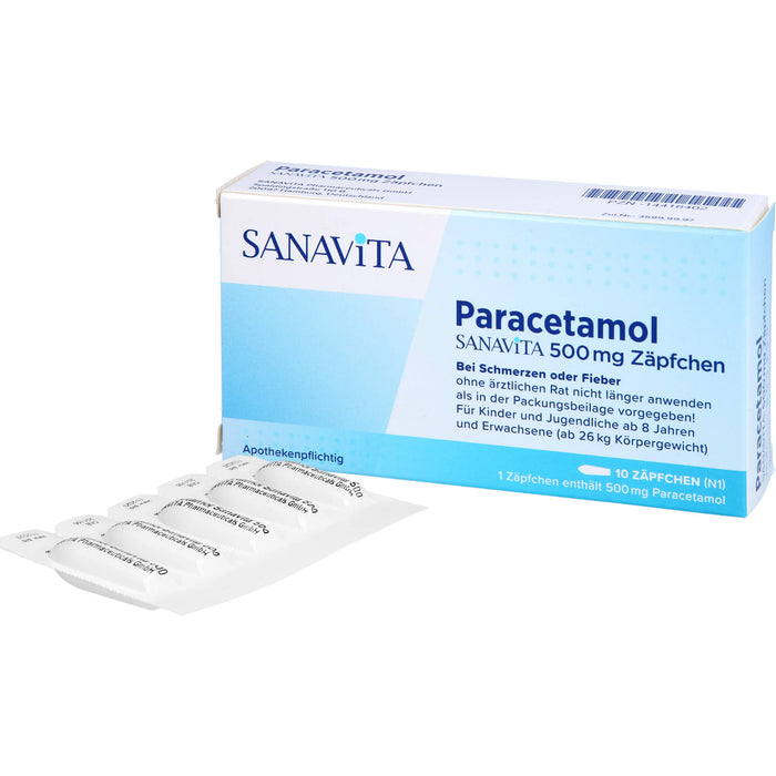 SANAVITA Paracetamol 500 mg Zäpfchen bei Schmerzen und Fieber, 10 pc Suppositoires