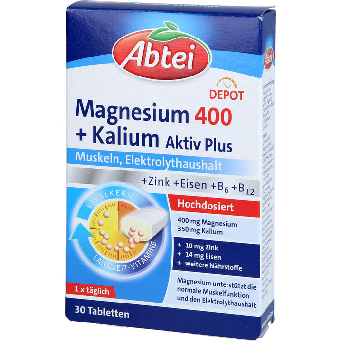 Abtei Magnesium 400 + Kalium aktiv plus Tabletten für Muskeln und Elektrolythaushalt, 30 pcs. Tablets