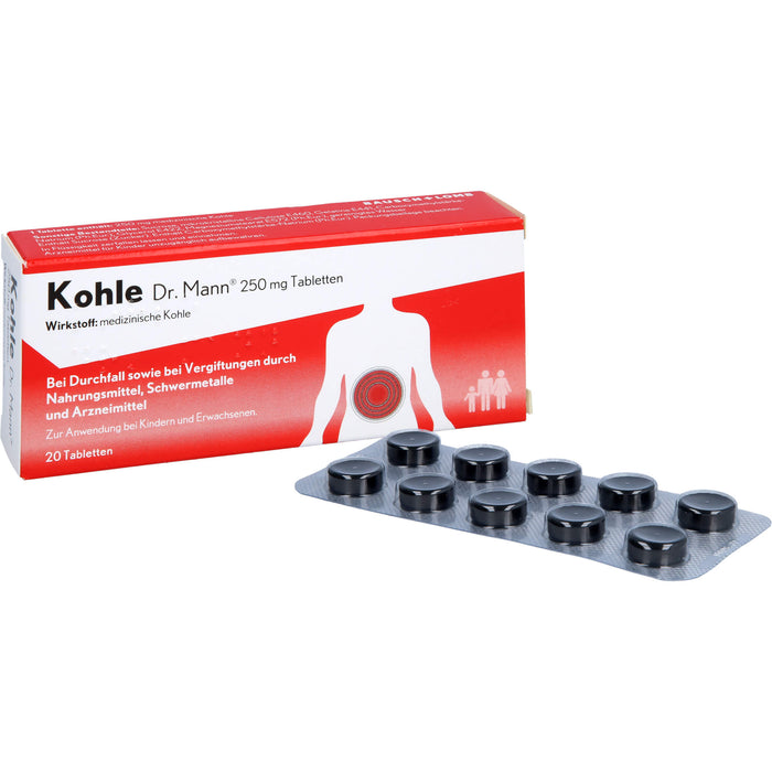 Kohle Dr. Mann 250 mg Tabletten bei Durchfall sowie bei Vergiftungen  durch Nahrungsmittel, 20 St. Tabletten