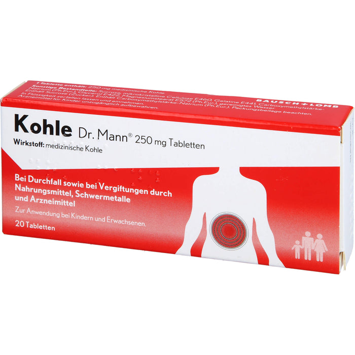 Kohle Dr. Mann 250 mg Tabletten bei Durchfall sowie bei Vergiftungen  durch Nahrungsmittel, 20 St. Tabletten