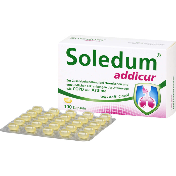 Soledum addicur Weichkapseln zur Zusatzbehandlung bei chronischen und entzündlichen Erkrankungen der Atemwege wie COPD & Asthma, 100 pc Capsules