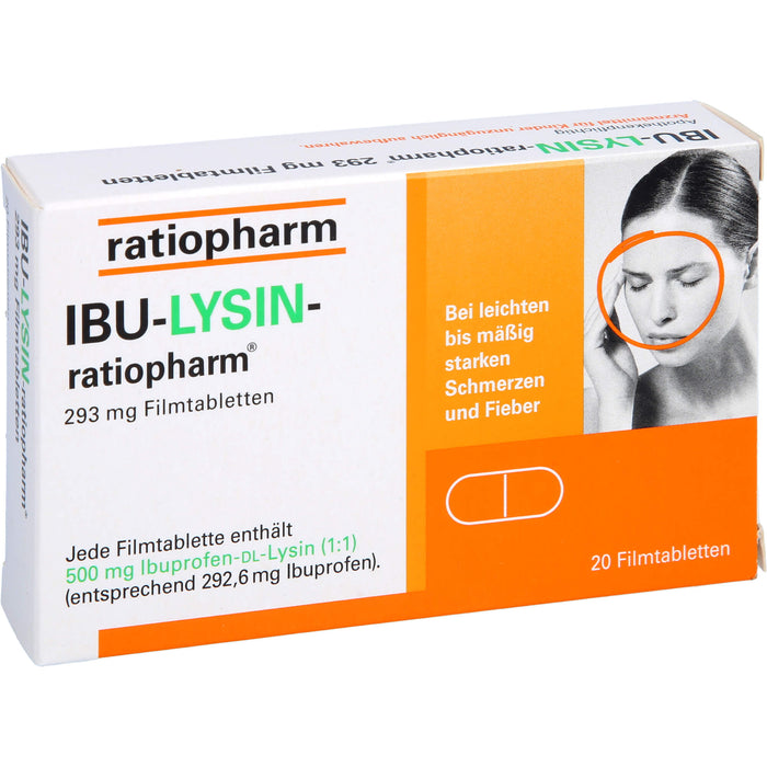 IBU-LYSIN-ratiopharm 293 mg Filmtabletten bei Schmerzen und Fieber, 20 pcs. Tablets