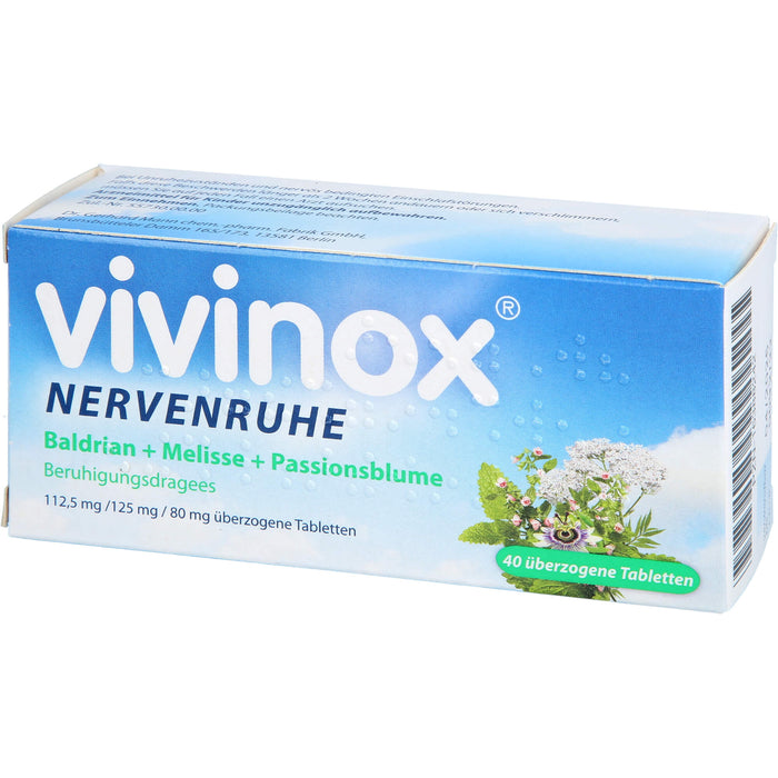 Vivinox Nervenruhe Baldrian + Melisse + Passionsblume .Beruhigungsdragees, 40 pc Dragées