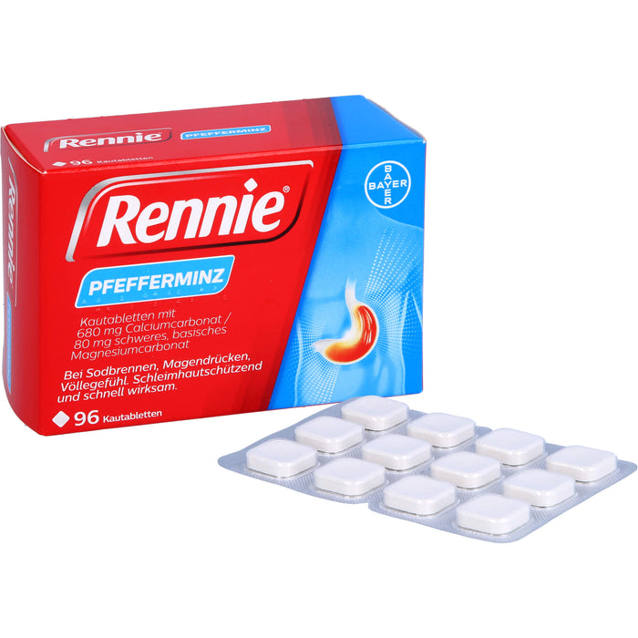 Rennie Kautabletten bei Sodbrennen, Magendrücken und Völlegefühl Pfefferminze, 96 pcs. Tablets