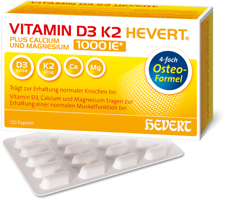 Vitamin D3 K2 Hevert plus Calcium und Magnesium 1.000 I.E. mit 4-fach Osteo-Formel für gesunde Knochen und Muskeln, 120 St. Kapseln