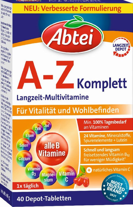 Abtei A-Z Komplett Tabletten Langzeit-Multivitamine für Vitalität und Wohlbefinden, 40 pcs. Tablets