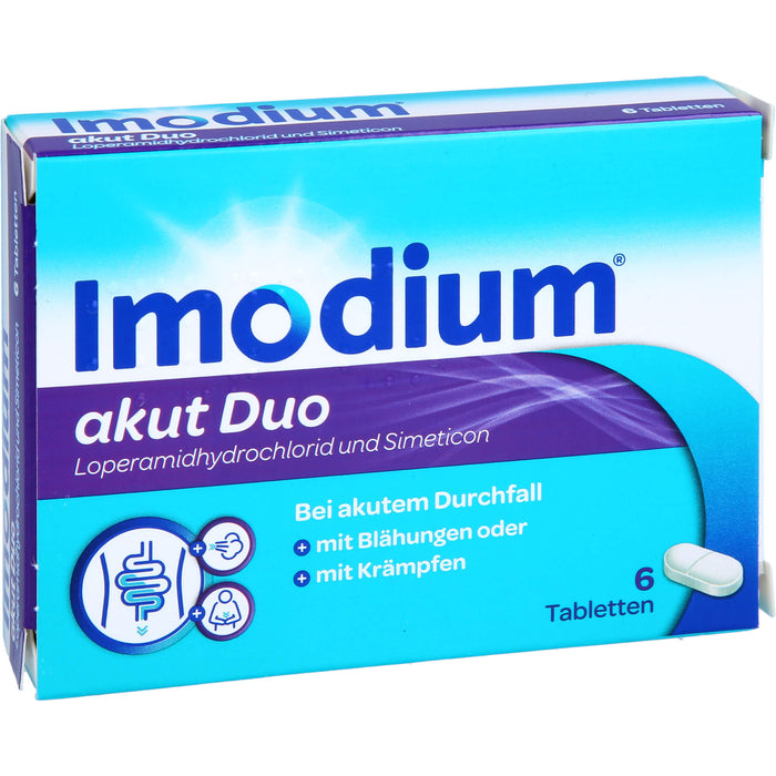 Imodium akut Duo 2 mg / 125 mg Tabletten bei akutem Durchfall mit Blähungen, 6 pcs. Tablets