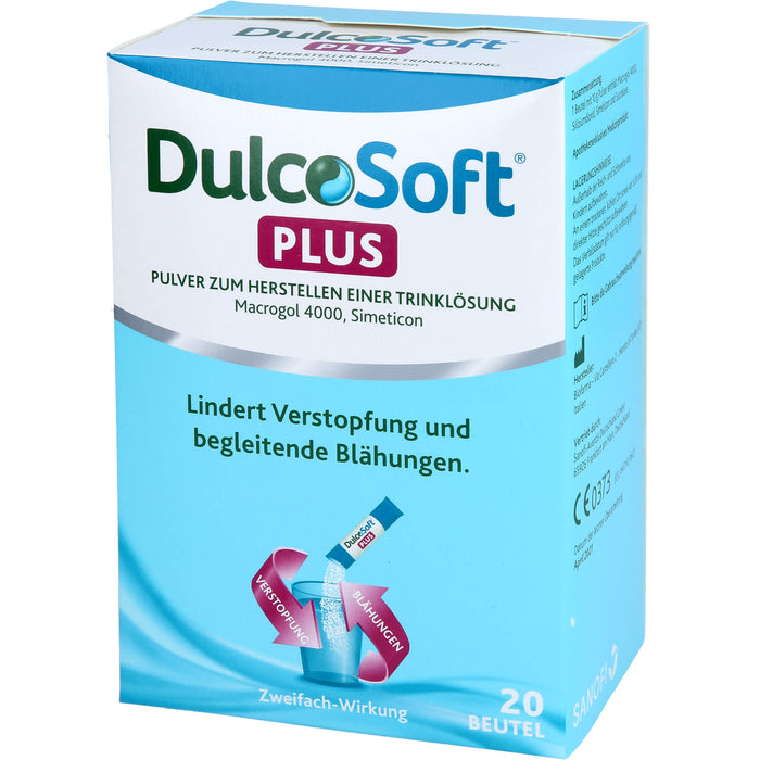 DulcoSoft Plus mit Macrogol und Simeticon Pulver lindert Verstopfung und begleitende Blähungen, 20 pcs. Sachets