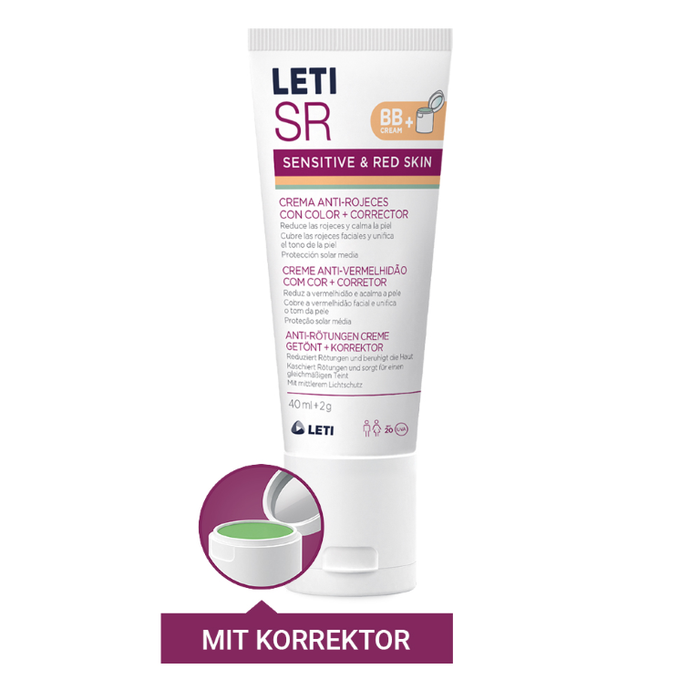 LETI SR Anti-Rötungen Gesichtscreme getönt + Korrektor - Getönte Tagespflege bei sensibler oder geröteter Gesichtshaut mit SPF 20, 40 ml Creme