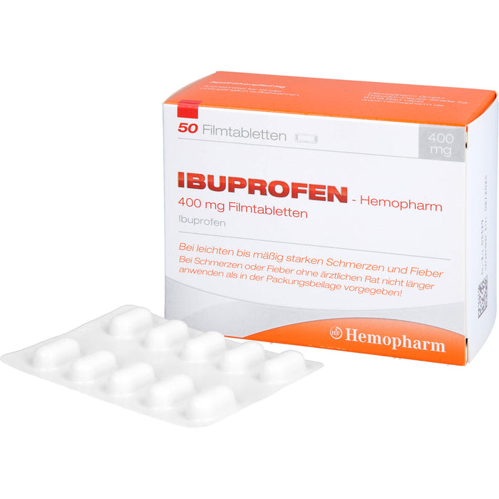 Ibuprofen-Hemopharm 400 mg Filmtabletten  bei leichten bis mäßig starken Schmerzen und Fieber, 50 pc Tablettes