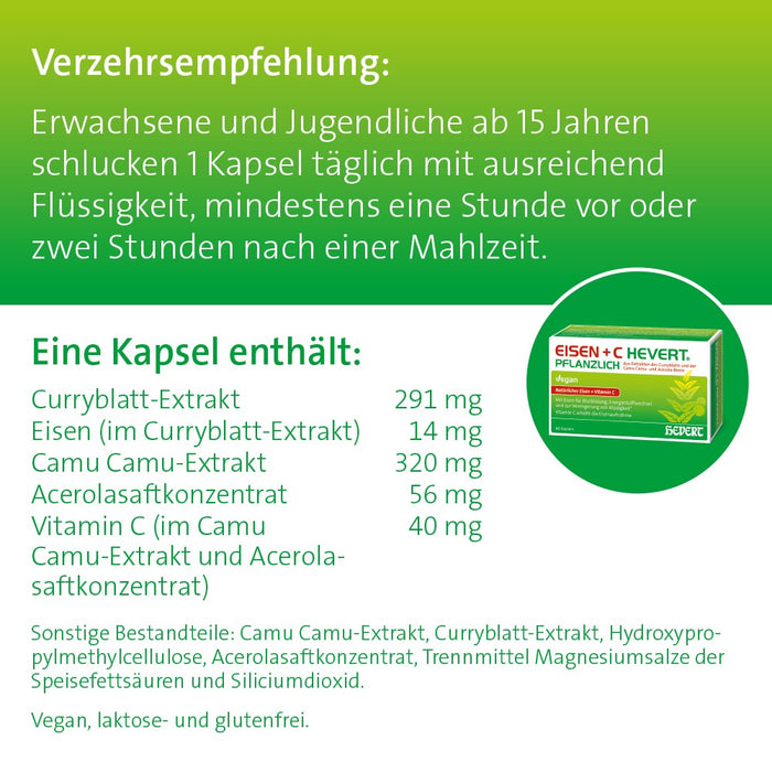 HEVERT Eisen + C pflanzliche Kapseln für Blutbildung, Energiestoffwechsel und zur Verringerung von Müdigkeit, 60 pc Capsules