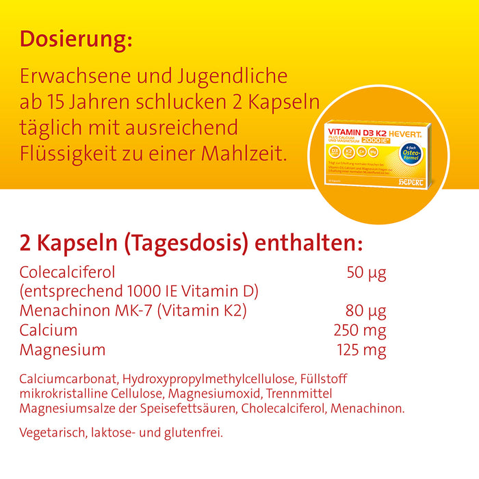 VITAMIN D3 K2 Hevert plus Ca Mg 2000 IE/2 Kapseln, 60 pcs. Capsules