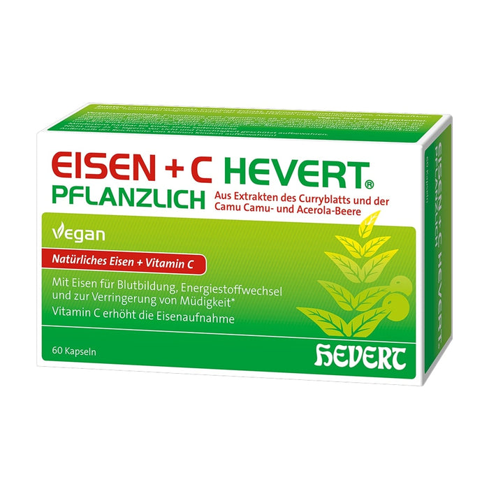 HEVERT Eisen + C pflanzliche Kapseln für Blutbildung, Energiestoffwechsel und zur Verringerung von Müdigkeit, 60 pc Capsules