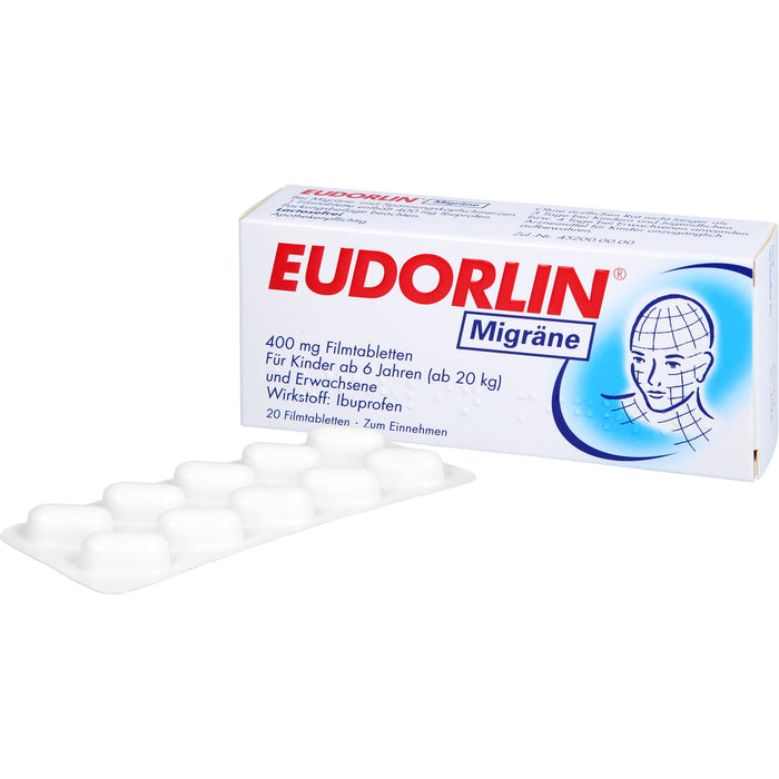 EUDORLIN Migräne 400 mg Filmtabletten zur Behandlung der akuten Kopfschmerzphase bei Migräne mit und ohne Aura, 20 pcs. Tablets
